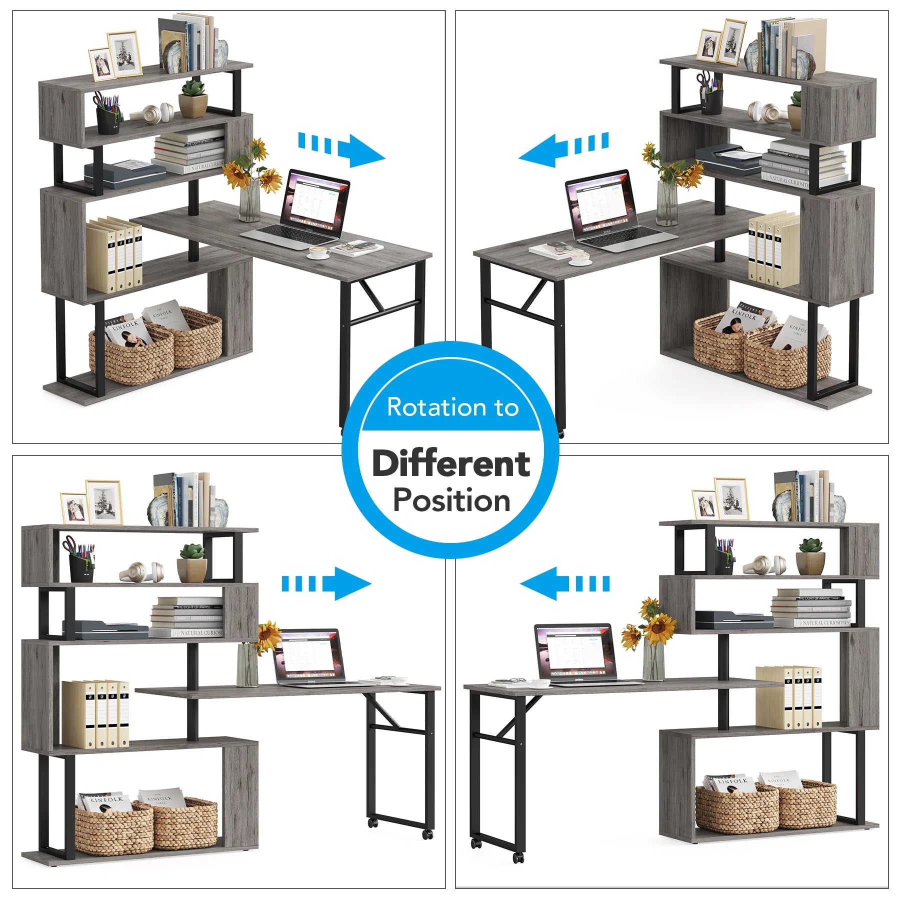 Rotating Computer Desk, L-Shaped Corner Desk with 5 Shelves Bookshelf, Reversible Study Table Writing Desk on Wheels for Home Office, Gray