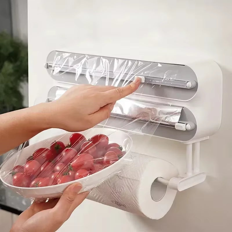 3In1 Plastic Wrap Dispenser Magnetic & Self Adhesive Cling Film Dispenser Cutter Kitchen Tool Aluminum Foil Baking Paper Cutter