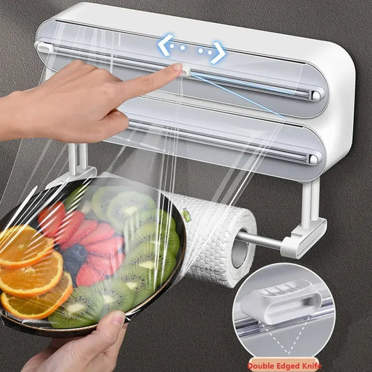 3In1 Plastic Wrap Dispenser Magnetic & Self Adhesive Cling Film Dispenser Cutter Kitchen Tool Aluminum Foil Baking Paper Cutter