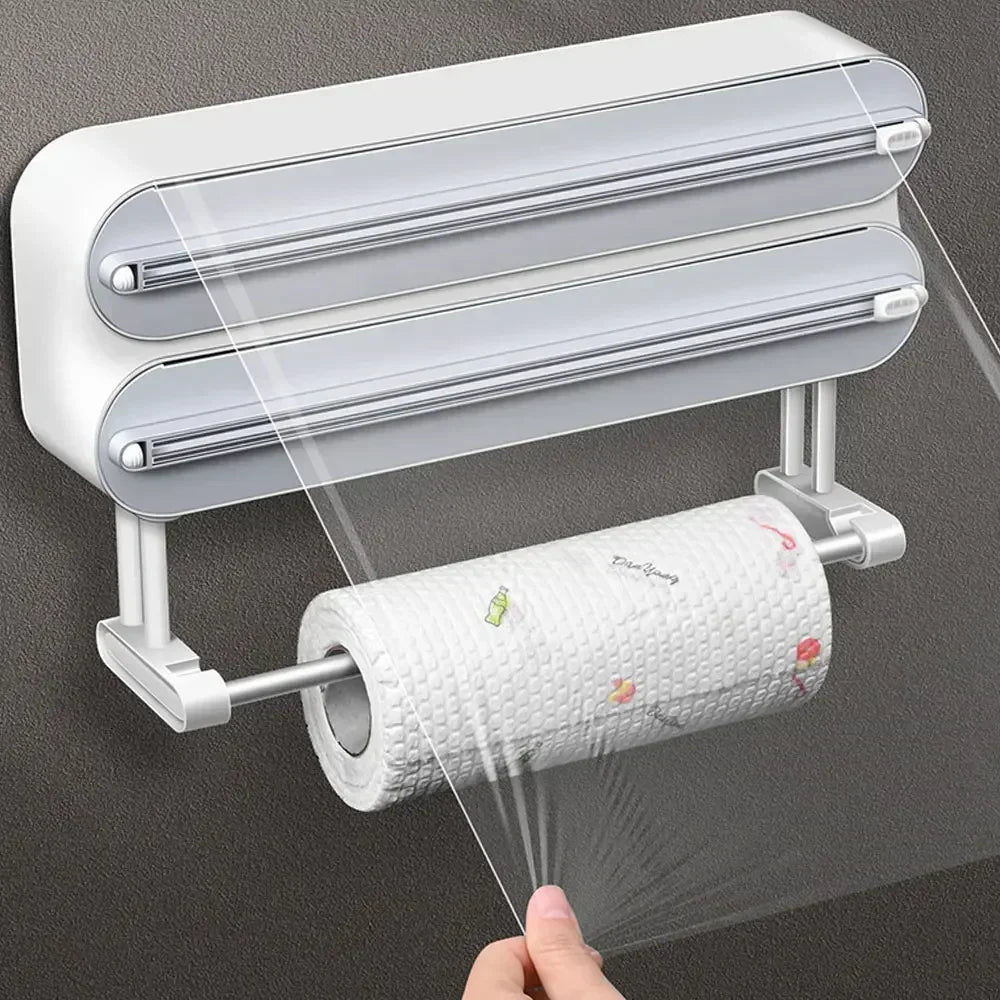 3In1 Plastic Wrap Dispenser Magnetic & Self Adhesive Cling Film Dispenser Cutter Kitchen Tool Aluminum Foil Baking Paper Cutter