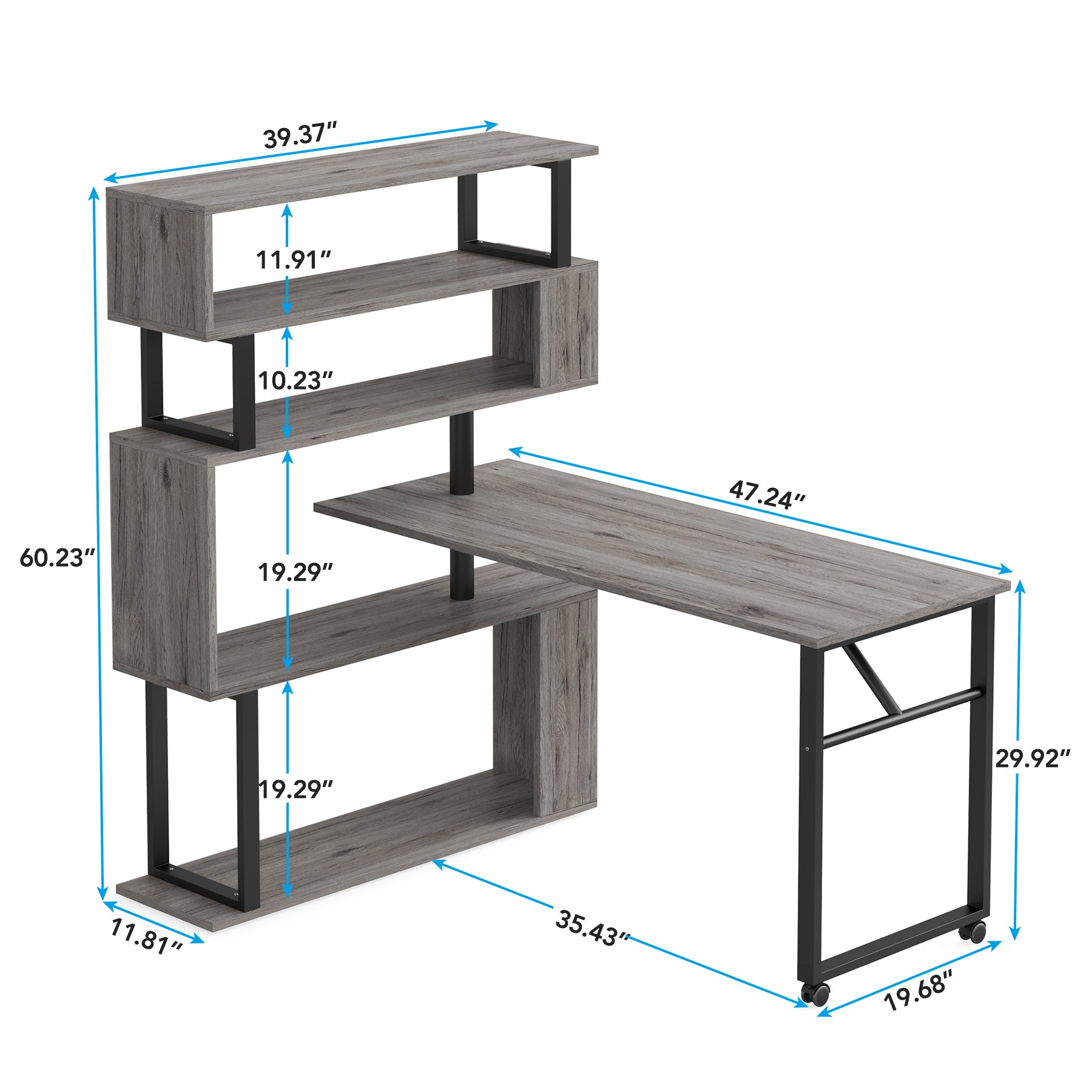 Rotating Computer Desk, L-Shaped Corner Desk with 5 Shelves Bookshelf, Reversible Study Table Writing Desk on Wheels for Home Office, Gray