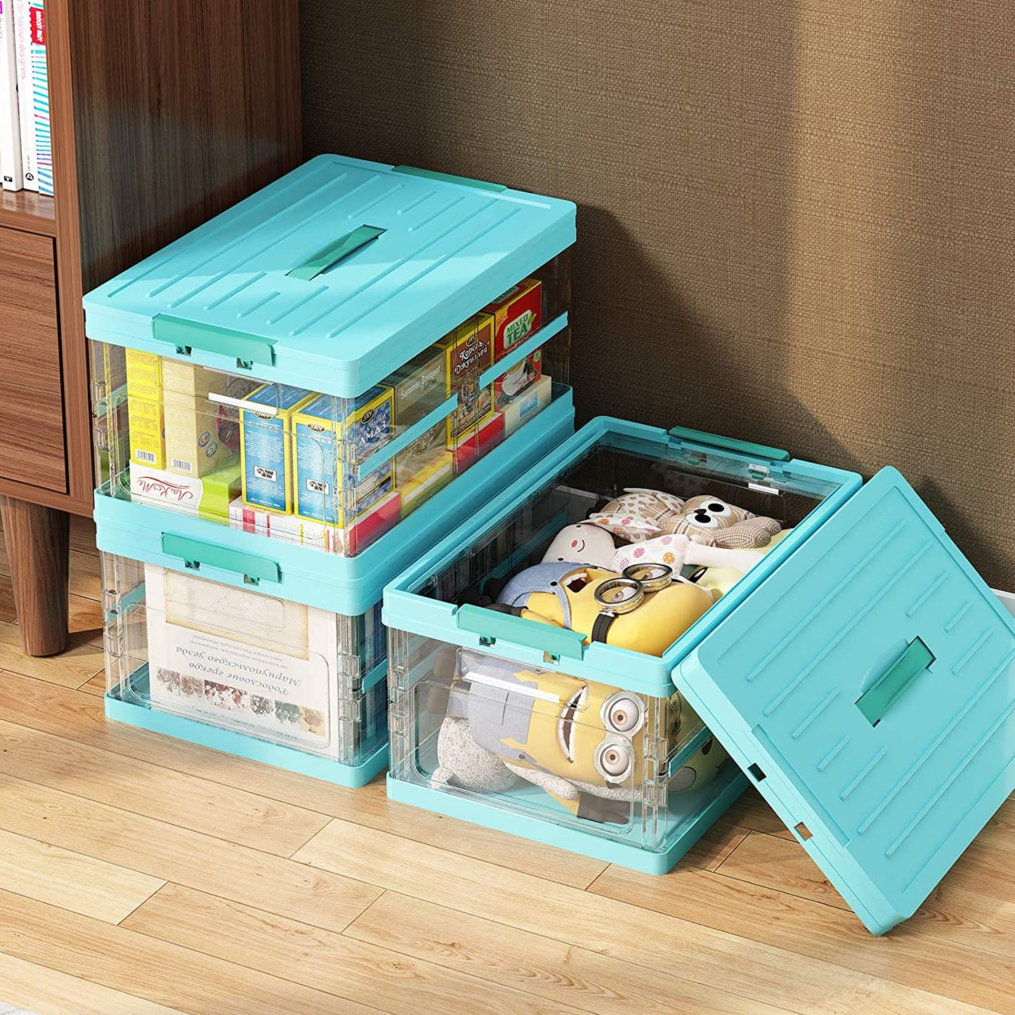 Collapsible Storage Bins with Lids, Stackable Clear Latch Storage Box with Handle, Folding Plastic Containers, 22Qt, Blue