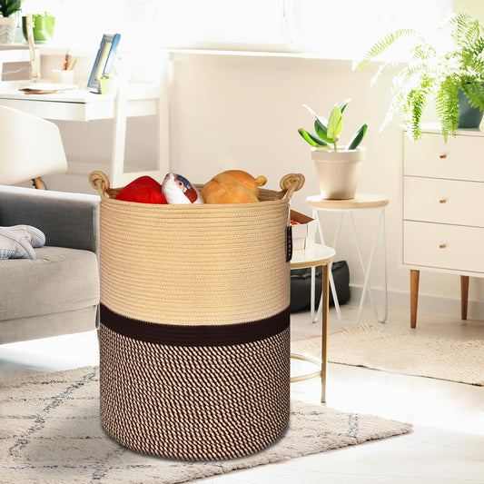 Extra Large Blanket Basket, Tall Storage Basket,15.7”X 21.7”, Large Laundry Basket, Tall Basket, Rope Basket, XXXL Laundry Basket, Toy Basket, Woven Basket, Clothes Baskets, Blend Brown/Black