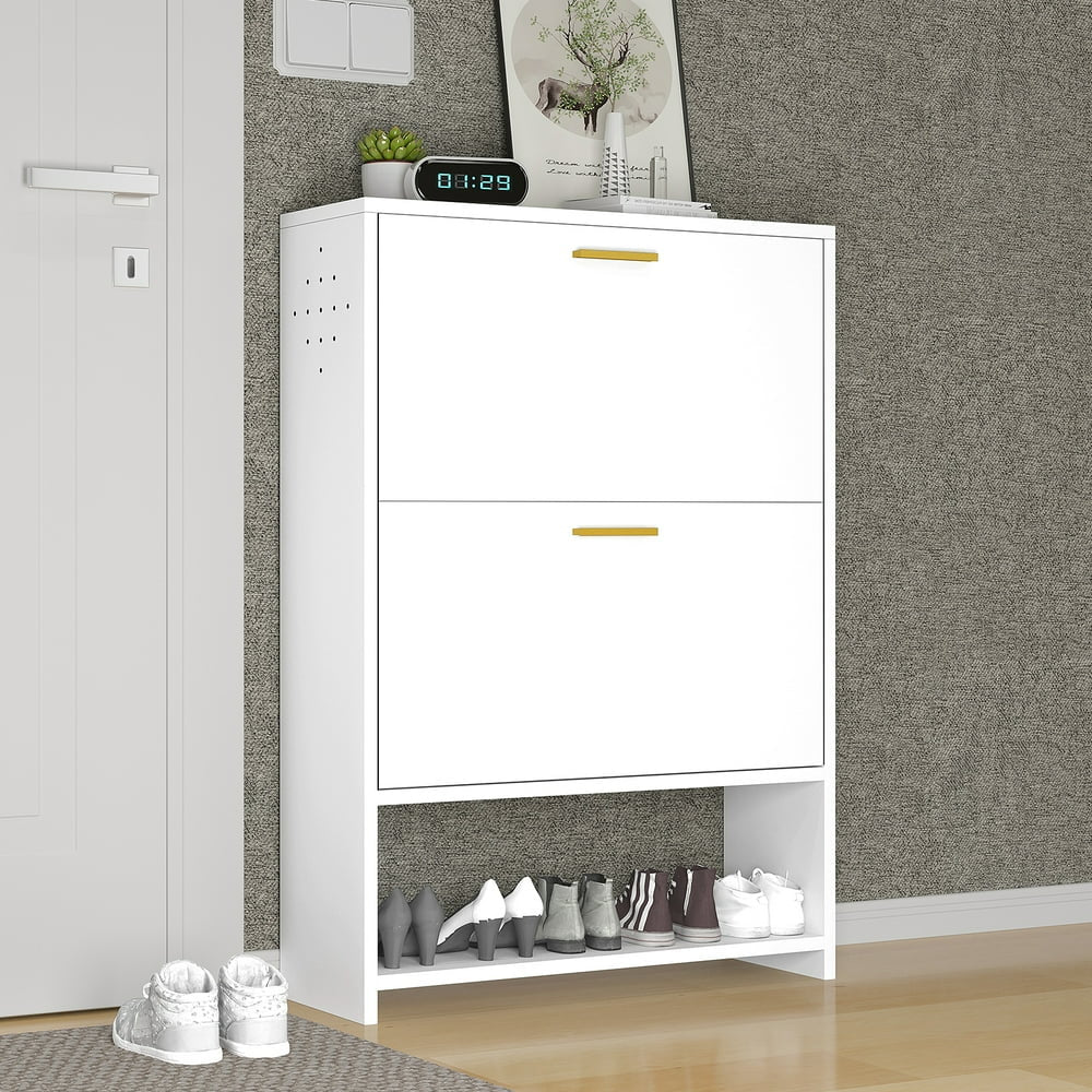 Shoe Cabinet for Entryway, Freestanding Shoe Rack Metal Shoe Storage Cabinet with 2 Flip Drawers & Adjustable Shelf, Modern Slim White Shoe Organizer Cabinet for Heels, Boots, Slippers