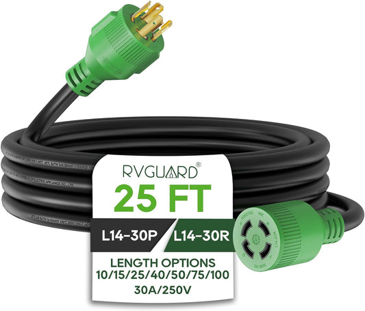 4 Prong 30 Amp 25 Foot Generator Extension Cord, NEMA L14-30P/L14-30R, 125/250V up to 7500W 10 Gauge SJTW Generator Cord with Cord Organizer, ETL Listed