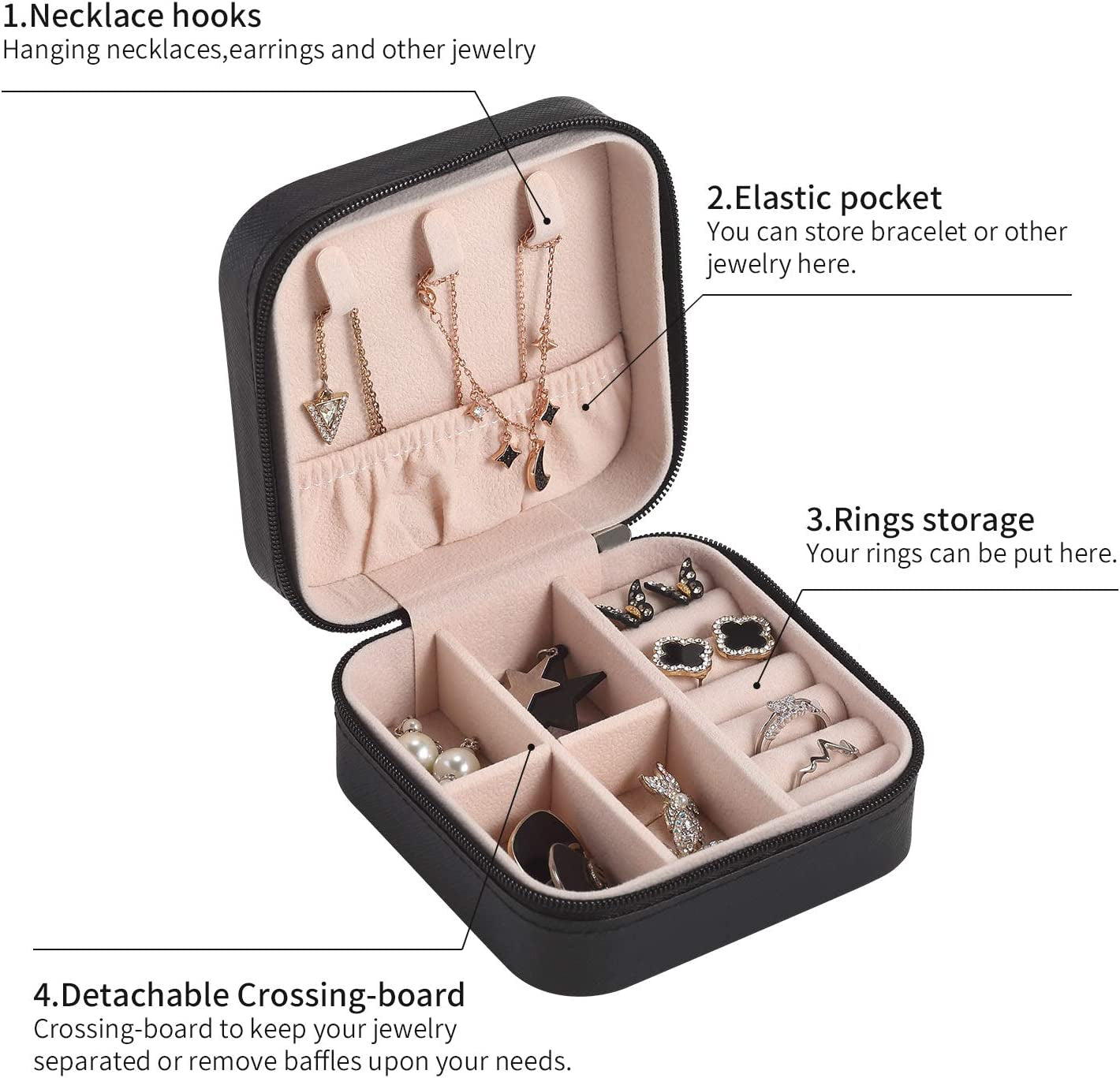 Travel Jewelry Case, Small Jewelry Box Portable Jewelry Travel Organizer Display Storage Case for Rings Earring Necklace Bracelet, Gift for Women Girls, Black