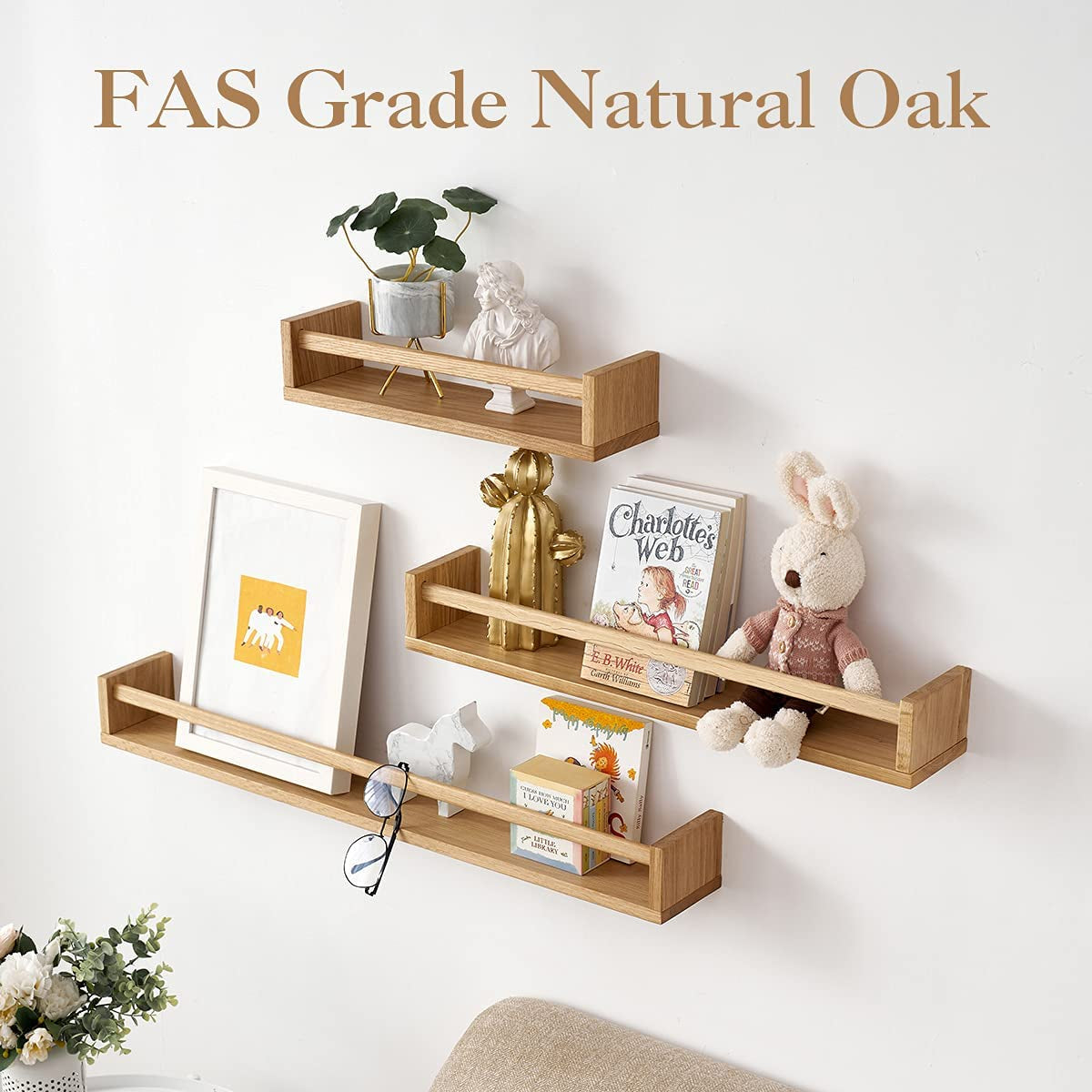 Oak Floating Shelves, Nursery Book Shelves Wall Bookshelf for Kids Floating Bookshelves Wall Shelves for Living Room Bedroom Decor,Kitchen Spice Rack,Bathroom Storage Rack(Oak24 Inches)