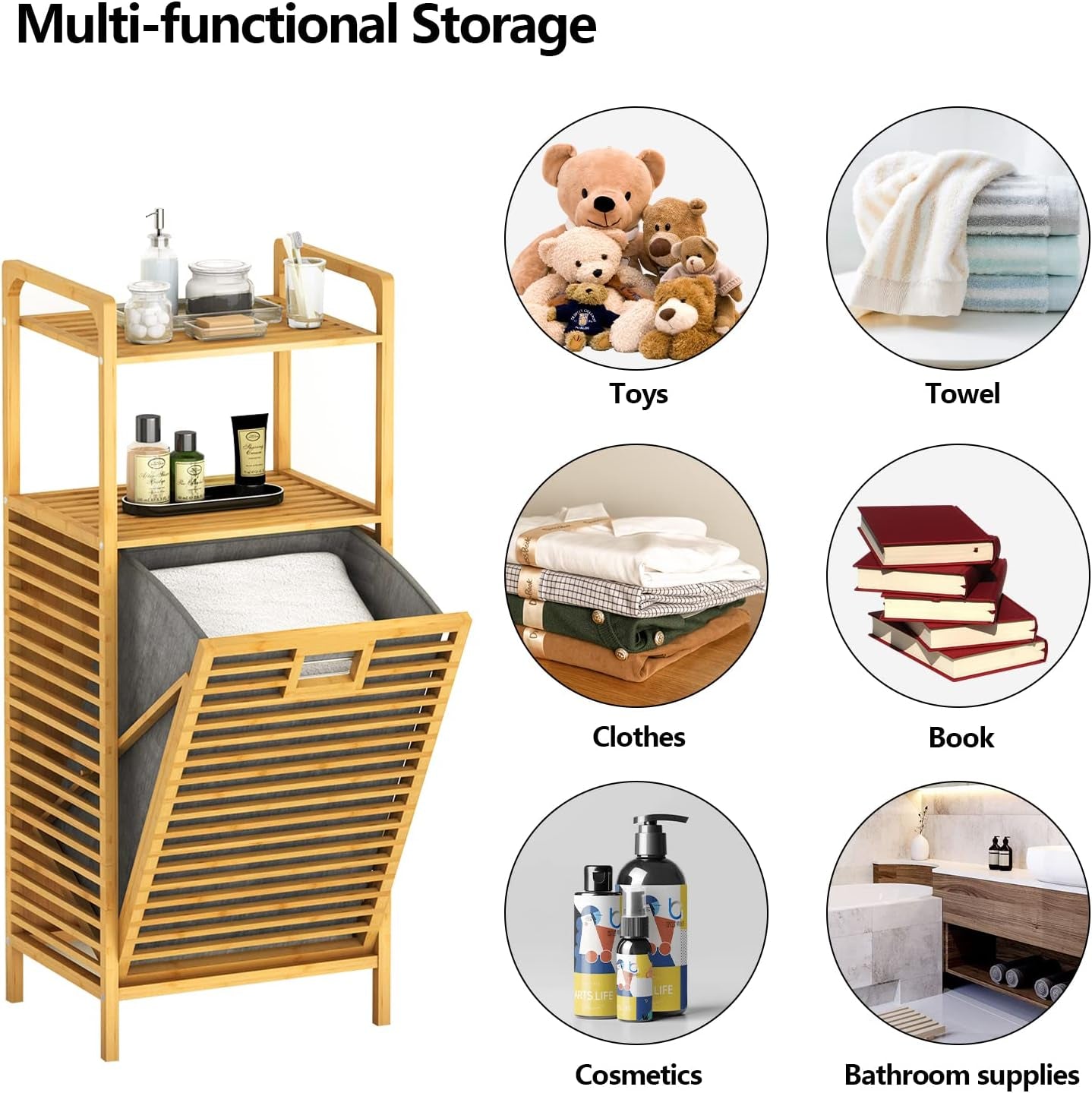 Bamboo Laundry Hamper Basket Laundry Room Organization Bathroom Storage Cabinet 2-Tier Freestanding Clothes Hamper Laundry Sorter with Tilt-Out and Removable Bags Laundry Room Shelves