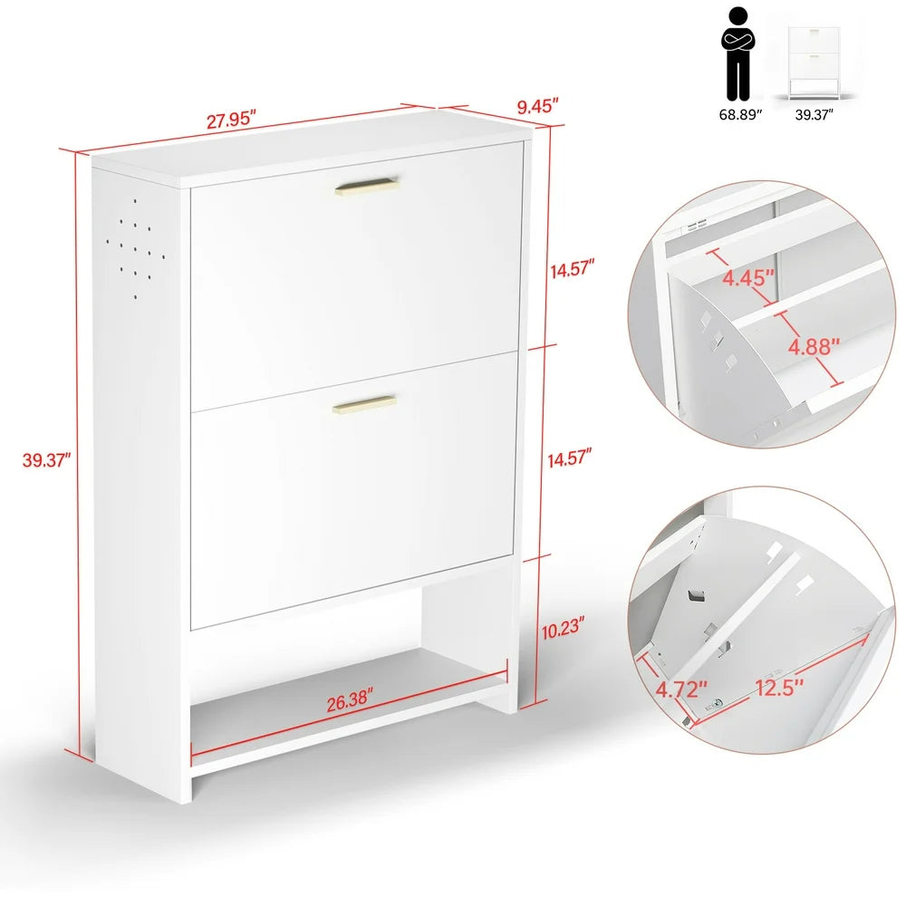 Shoe Cabinet for Entryway, Freestanding Shoe Rack Metal Shoe Storage Cabinet with 2 Flip Drawers & Adjustable Shelf, Modern Slim White Shoe Organizer Cabinet for Heels, Boots, Slippers