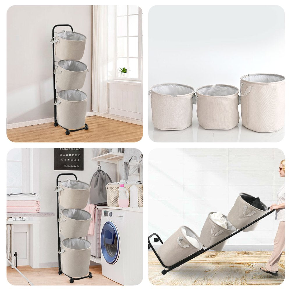 3-Tier Laundry Hamper Sorter, Laundry Storage Organizer with Wheels Movable Rolling Laundry Baskets Cart, Bathroom Cart Clothes Shelf,Laundry Butler for Bathroom Bedroom Laundry Room, Beige