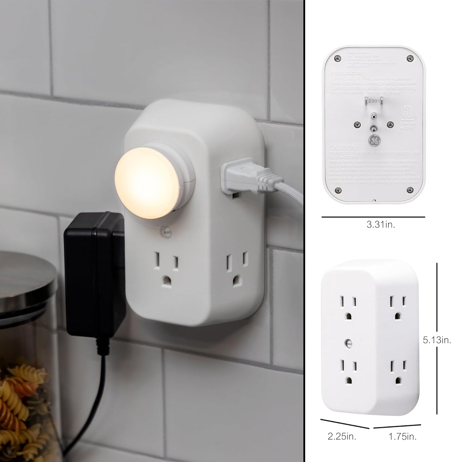 6-Outlet Extender, Grounded Wall Tap, Adapter Spaced Outlets, 3-Prong, Multiple Plug, Quick and Easy Install, Cruise Essentials, UL Listed, White, 50759