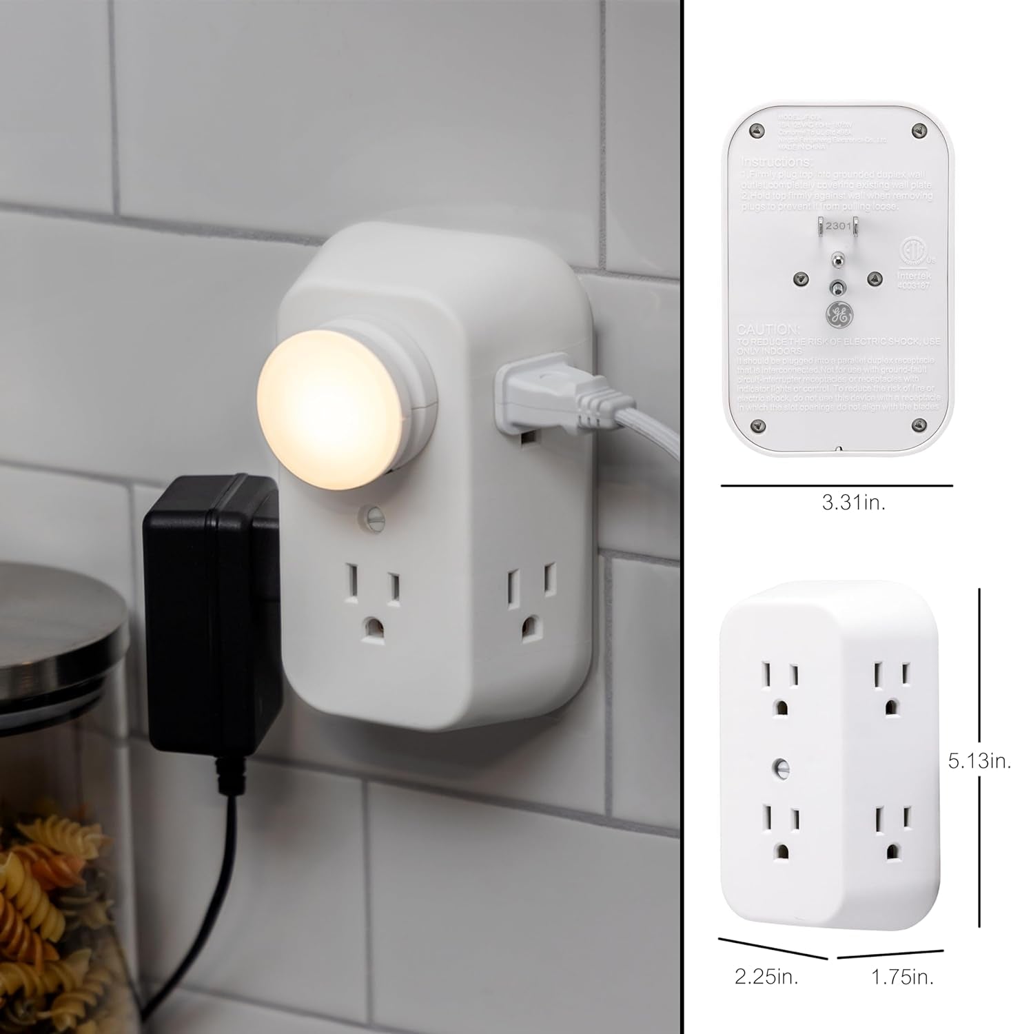 6-Outlet Extender, Grounded Wall Tap, Adapter Spaced Outlets, 3-Prong, Multiple Plug, Quick and Easy Install, Cruise Essentials, UL Listed, White, 50759