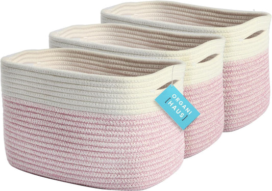 Set of 3 Woven Baskets for Storage | Cotton Rope Basket for Decor | Shoe Basket Organizers & Storage | Decorative Storage Baskets & Bins | Cute Storage Basket for Toys & Cloths - Pink