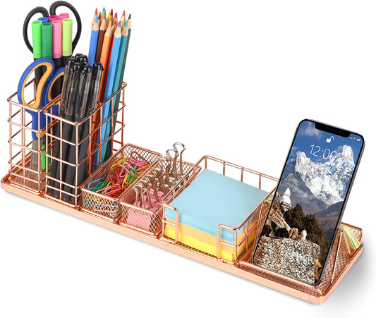 Rose Gold Desk Organizer, Office Desk Accessories with Pen Holder for Desk, Desktop Organization with Phone Holder, Sticky Note Tray, Paperclip Storage and Caddy for Office Home School