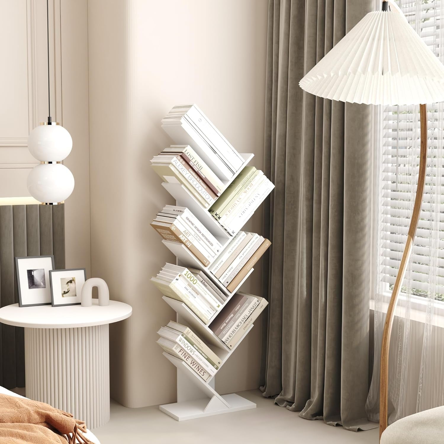 Tree Bookshelf, 9 Shelf Small Geometric Bookcase, Free Standing Book Shelves, Unique Wood Storage Rack for Living Room, Bedroom, Home Office,White