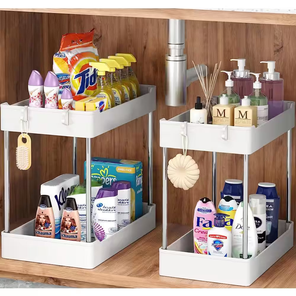 Under Sink Organizer, 2-Tier Bathroom Cabinet Organizer, (White) Pantry Organizers