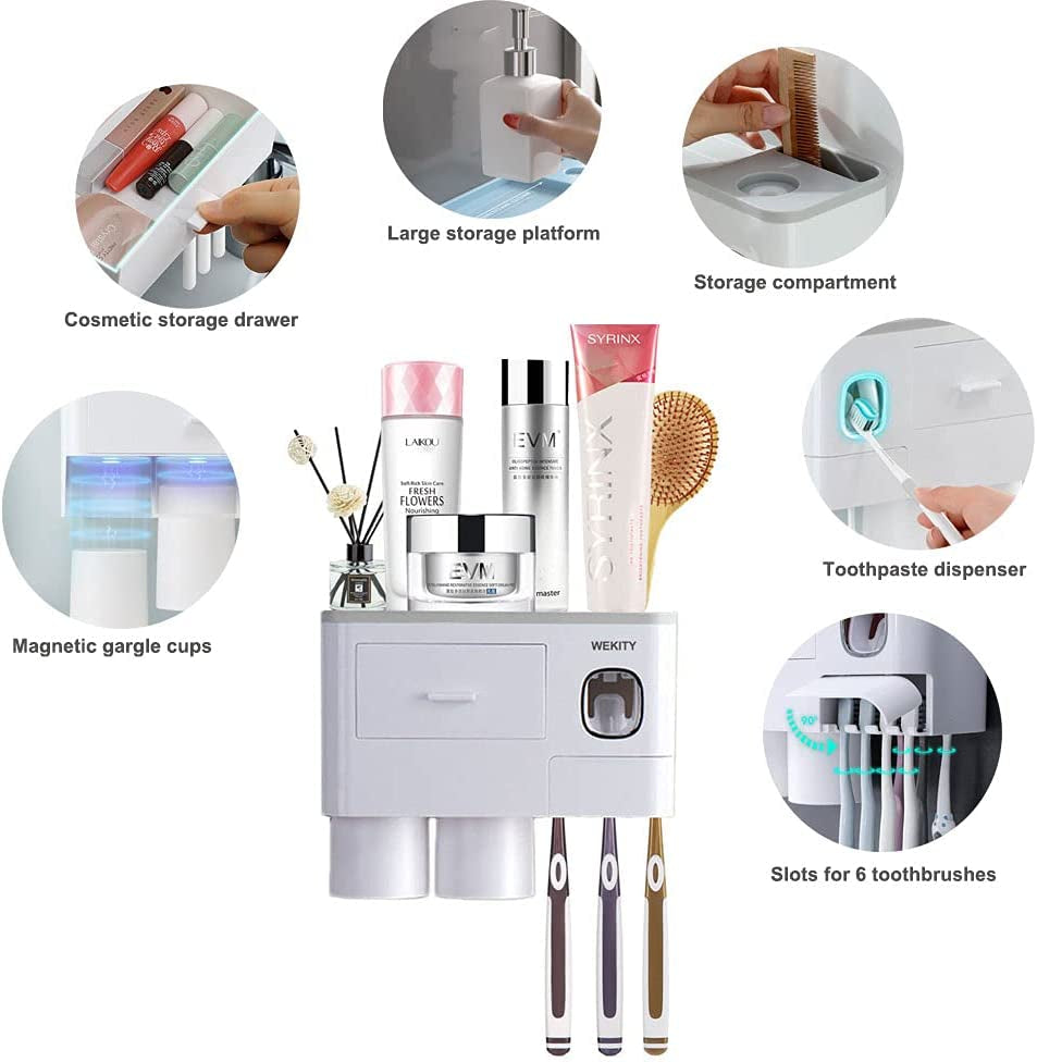 Multifunctional Wall-Mounted Toothbrush Holder, Automatic Toothpaste Dispenser Space Saving Toothbrush and Toothpaste Holder, with 2 Cups and Drawers Cosmetic Organizer(Grey)