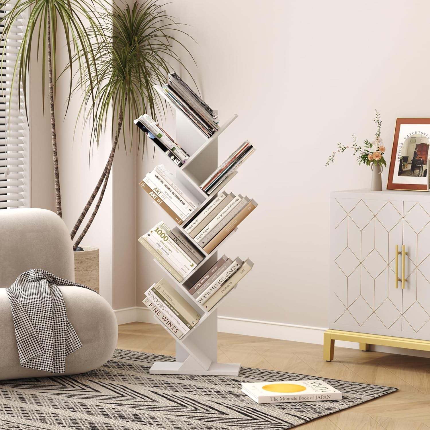 Tree Bookshelf, 9 Shelf Small Geometric Bookcase, Free Standing Book Shelves, Unique Wood Storage Rack for Living Room, Bedroom, Home Office,White