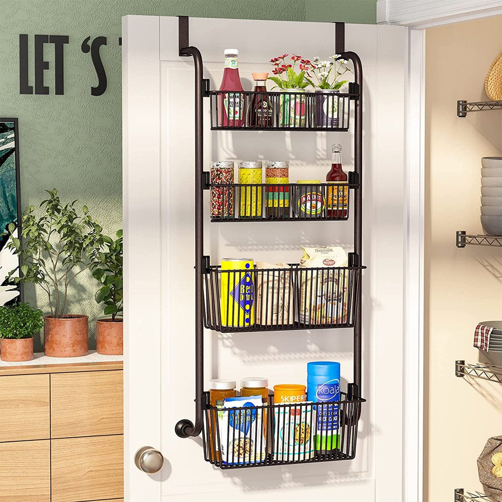 4-Tier over the Door Pantry Organizer Rack Baskets Pantry Door Organization and Storage Heavy-Duty Metal Kitchen Spice Rack over Door Can Organizer