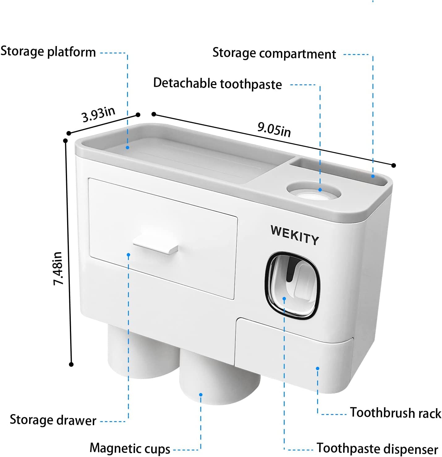 Multifunctional Wall-Mounted Toothbrush Holder, Automatic Toothpaste Dispenser Space Saving Toothbrush and Toothpaste Holder, with 2 Cups and Drawers Cosmetic Organizer(Grey)