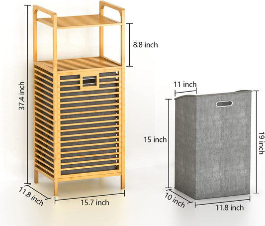 Bamboo Laundry Hamper Basket Laundry Room Organization Bathroom Storage Cabinet 2-Tier Freestanding Clothes Hamper Laundry Sorter with Tilt-Out and Removable Bags Laundry Room Shelves