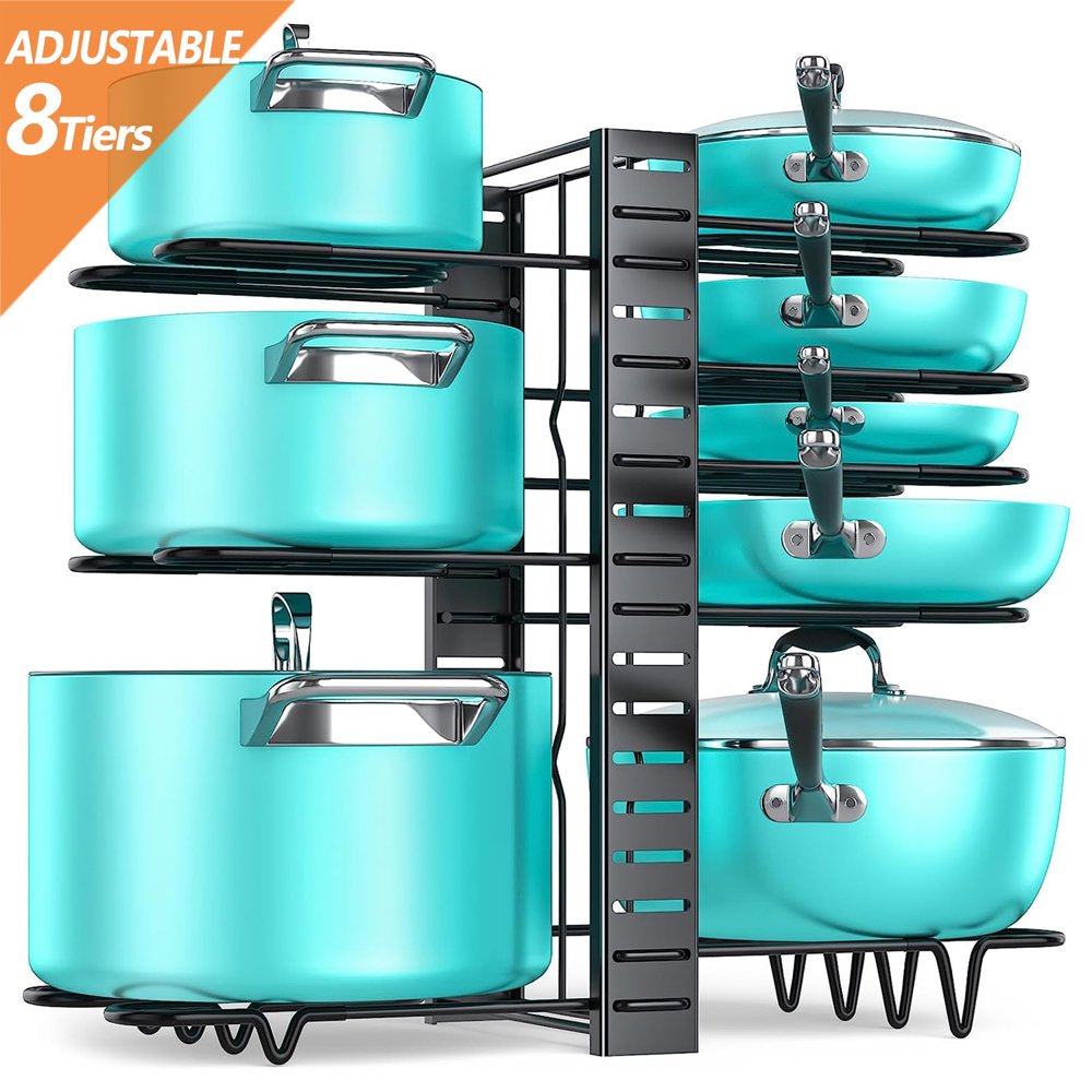 Pots and Pans Organizer Rack, 3 DIY Methods Adjustable 8-Tier Pot and Pan Rack, Metal Heavy Duty Pot Lid Organizer with Anti-Slip Silicone Pad for Cabinet Kitchen Organization Storage