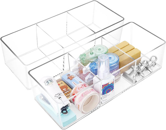 Stackable Clear Drawer Organizers Small Makeup Vanity Storage Bins Trays and Office Desk Drawer Dividers Triple Compartments 2 Pack