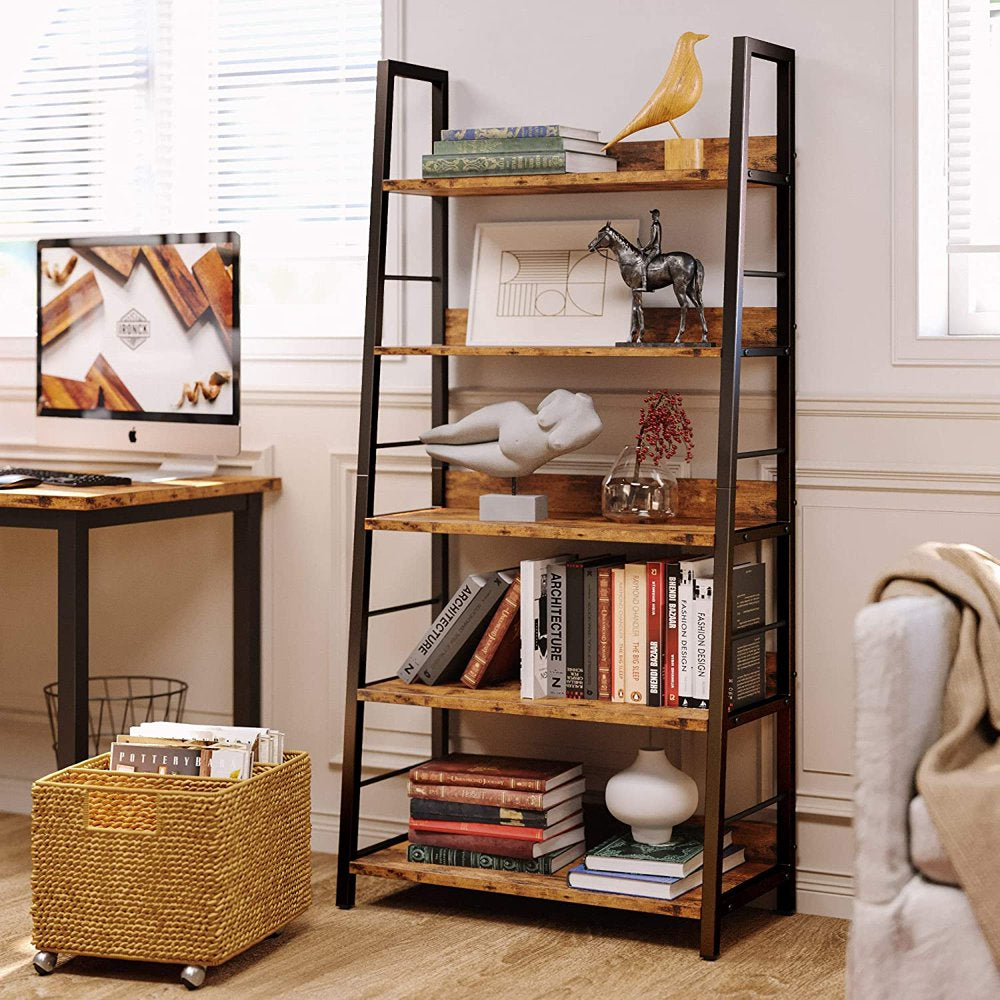 Bookshelves and Bookcases 5 Tiers Ladder Shelf Home Office, Rustic Brown