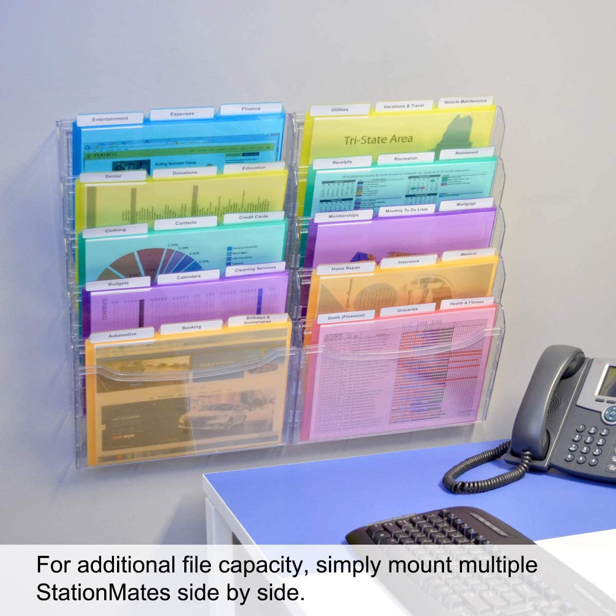 Stationmate Wall File Organizer, 5 Tier Vertical Mount Hanging File Sorter. Multi-Purpose Display Rack Includes 25, 5Th-Cut Pocketfile Project Files