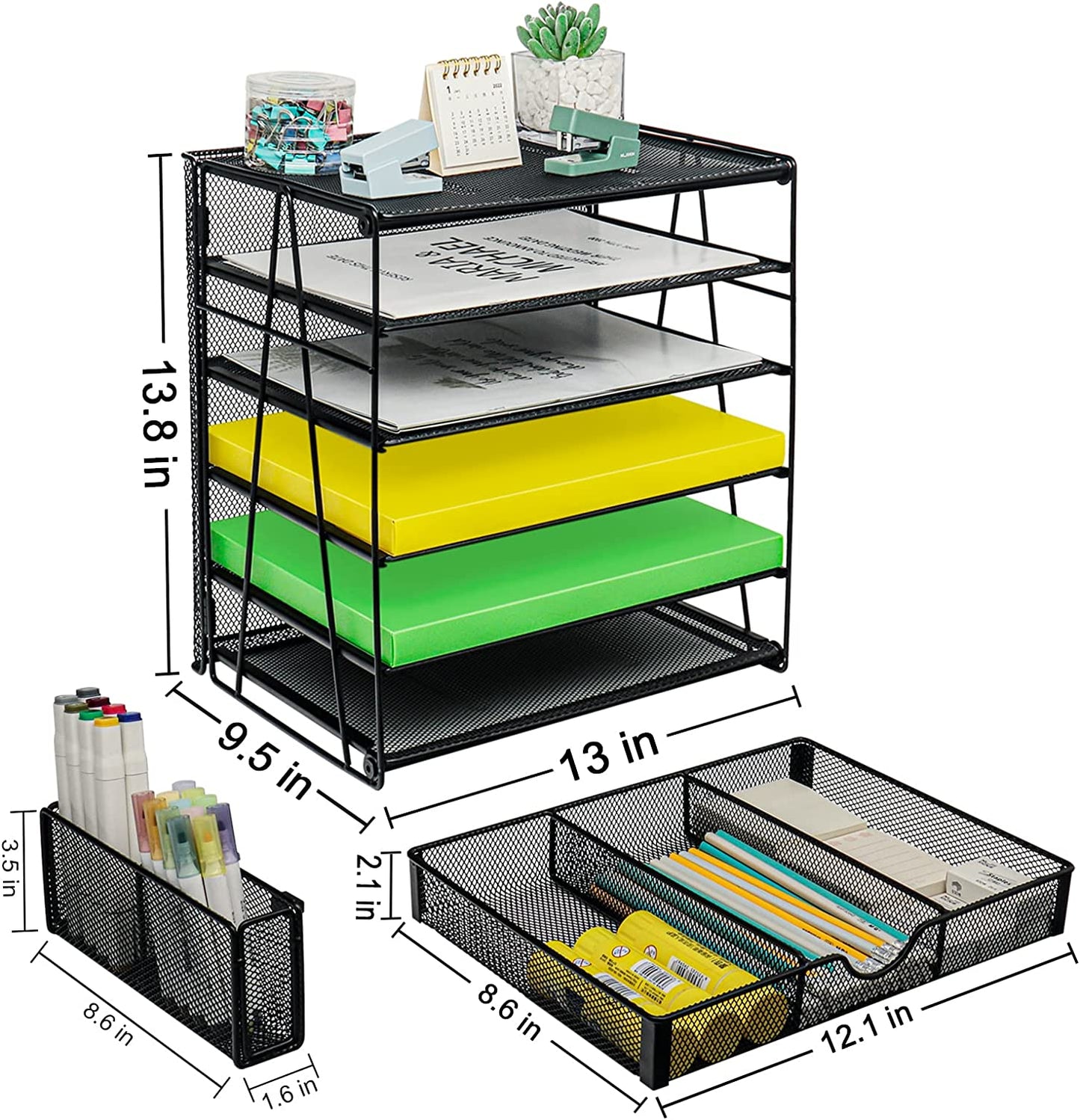 Desk Organizers, 5-Tier Paper Letter Tray Organizer with Pen Holder, Mesh Desktop File Organizer with Drawer, Desk Organizers and Accessories for Office School Supplies, Black