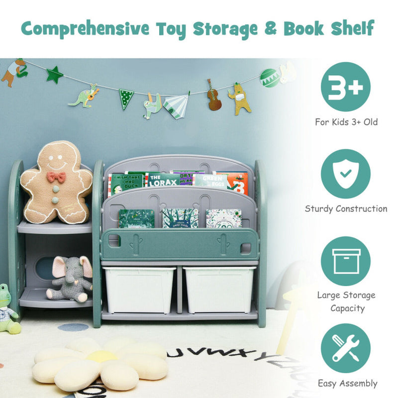 Kids Toy Storage Organizer with 2-Tier Bookshelf and Plastic Bins