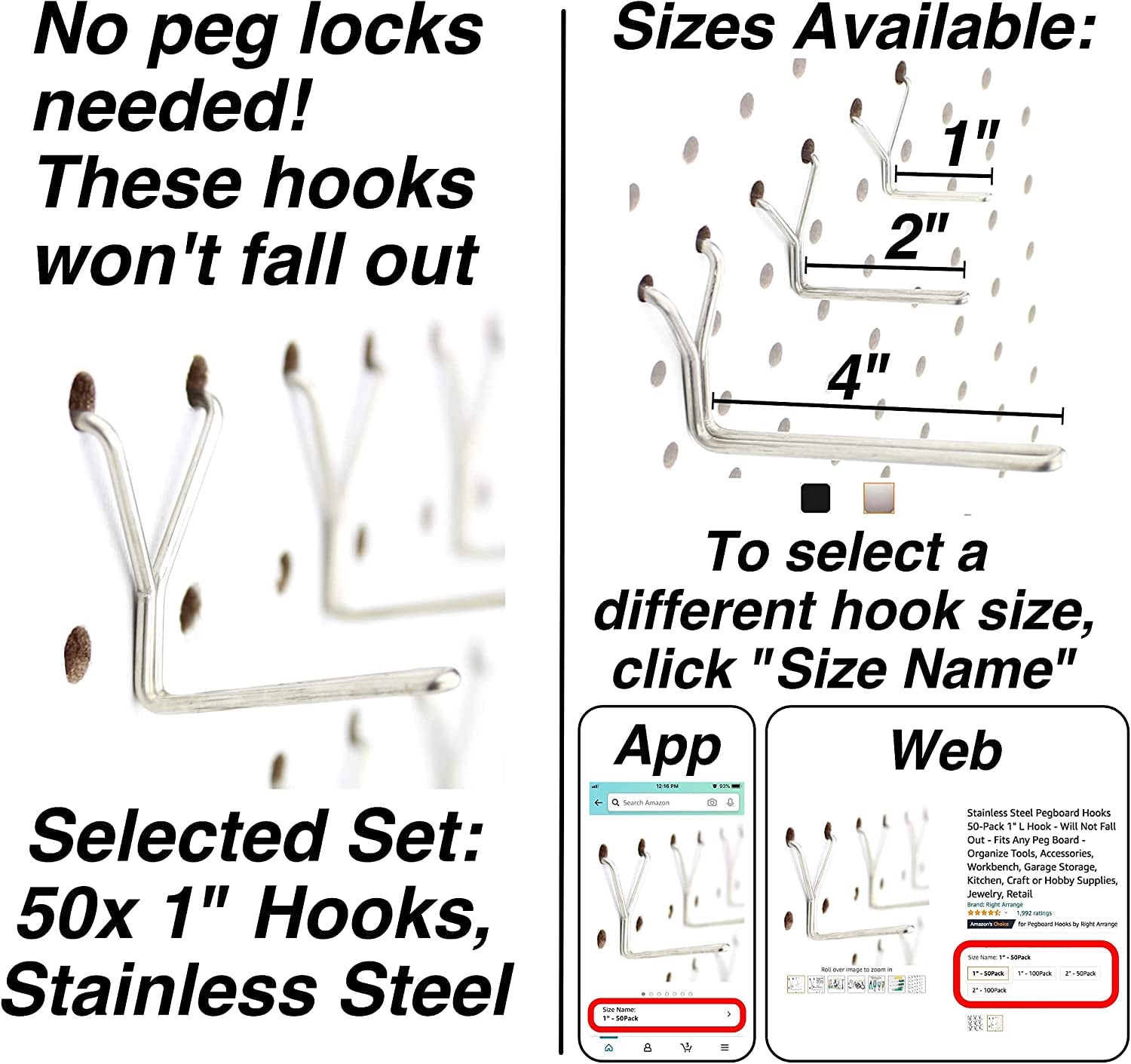 – Stainless Steel Pegboard Hooks 50-Pack 1" L Hook - Will Not Fall Out, Fits Any Peg Board - Organize Tools, Accessories, Workbench, Garage Storage, Kitchen, Crafts, Jewelry, Retail