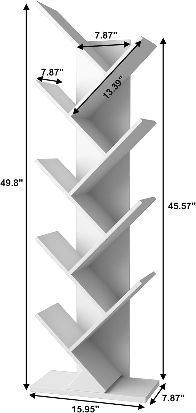 Tree Bookshelf, 9 Shelf Small Geometric Bookcase, Free Standing Book Shelves, Unique Wood Storage Rack for Living Room, Bedroom, Home Office,White