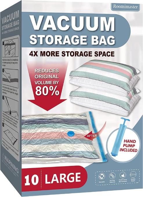 Vacuum Storage Bags, 10 Large Space Saver Bags Seal with Pump, Sealer for Clothes, Comforters, Blankets, Bedding