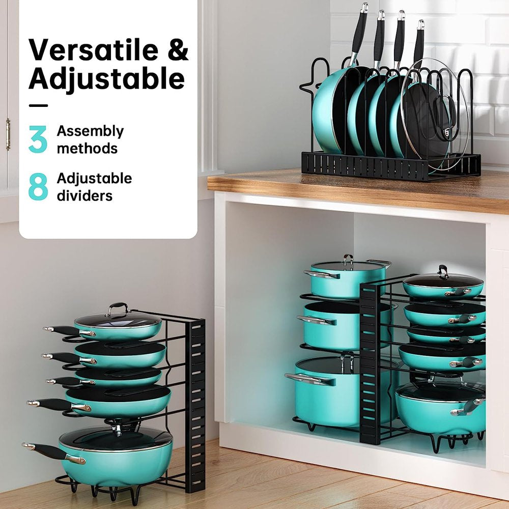 Pots and Pans Organizer Rack, 3 DIY Methods Adjustable 8-Tier Pot and Pan Rack, Metal Heavy Duty Pot Lid Organizer with Anti-Slip Silicone Pad for Cabinet Kitchen Organization Storage