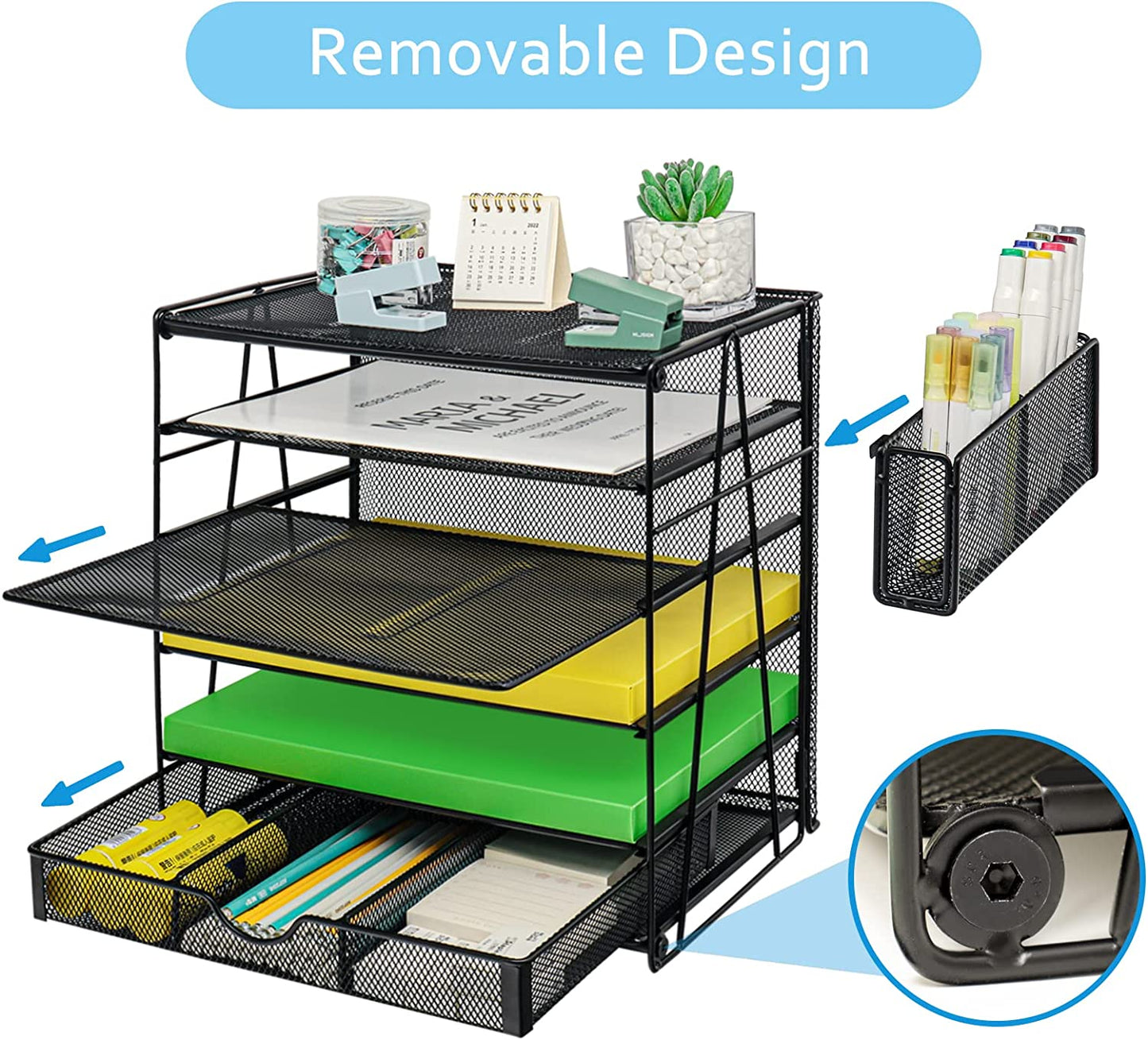 Desk Organizers, 5-Tier Paper Letter Tray Organizer with Pen Holder, Mesh Desktop File Organizer with Drawer, Desk Organizers and Accessories for Office School Supplies, Black