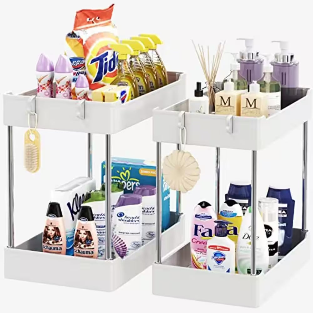 Under Sink Organizer, 2-Tier Bathroom Cabinet Organizer, (White) Pantry Organizers