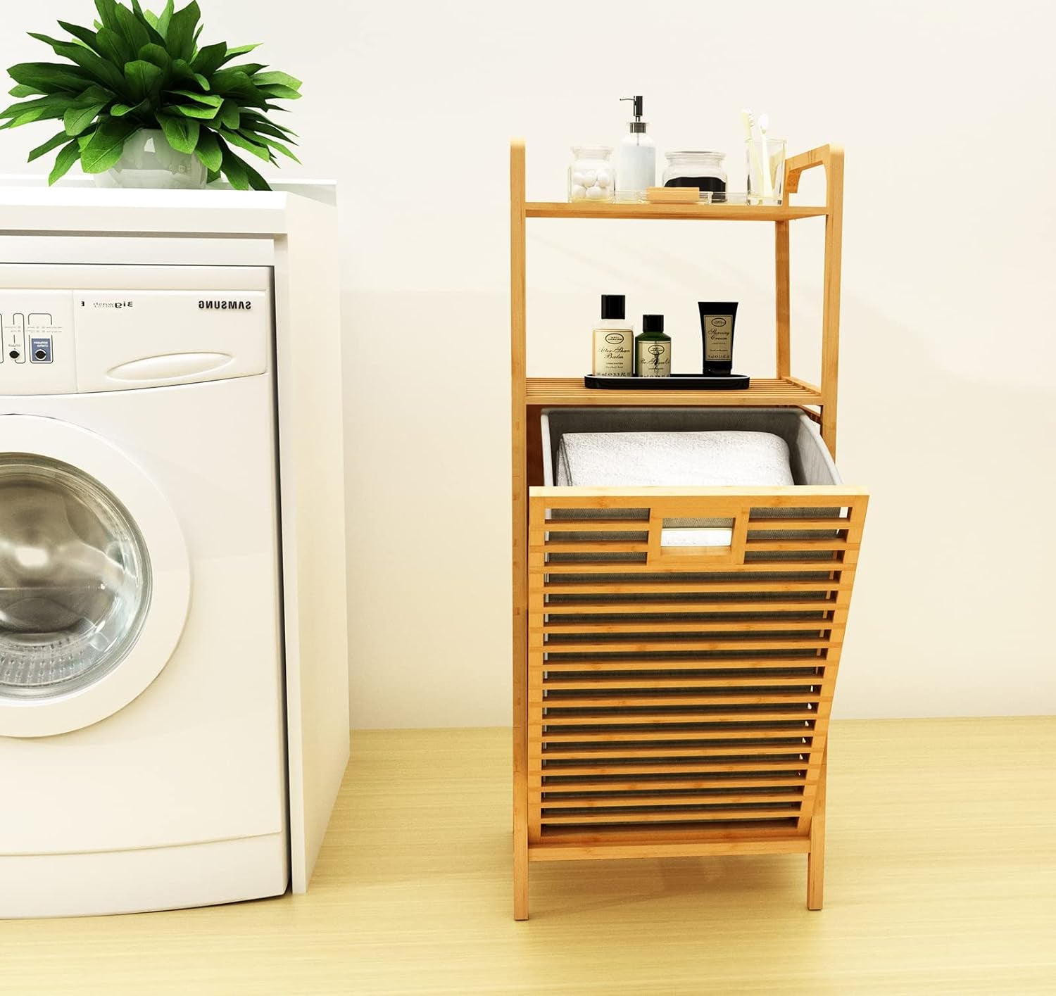 Bamboo Laundry Hamper Basket Laundry Room Organization Bathroom Storage Cabinet 2-Tier Freestanding Clothes Hamper Laundry Sorter with Tilt-Out and Removable Bags Laundry Room Shelves