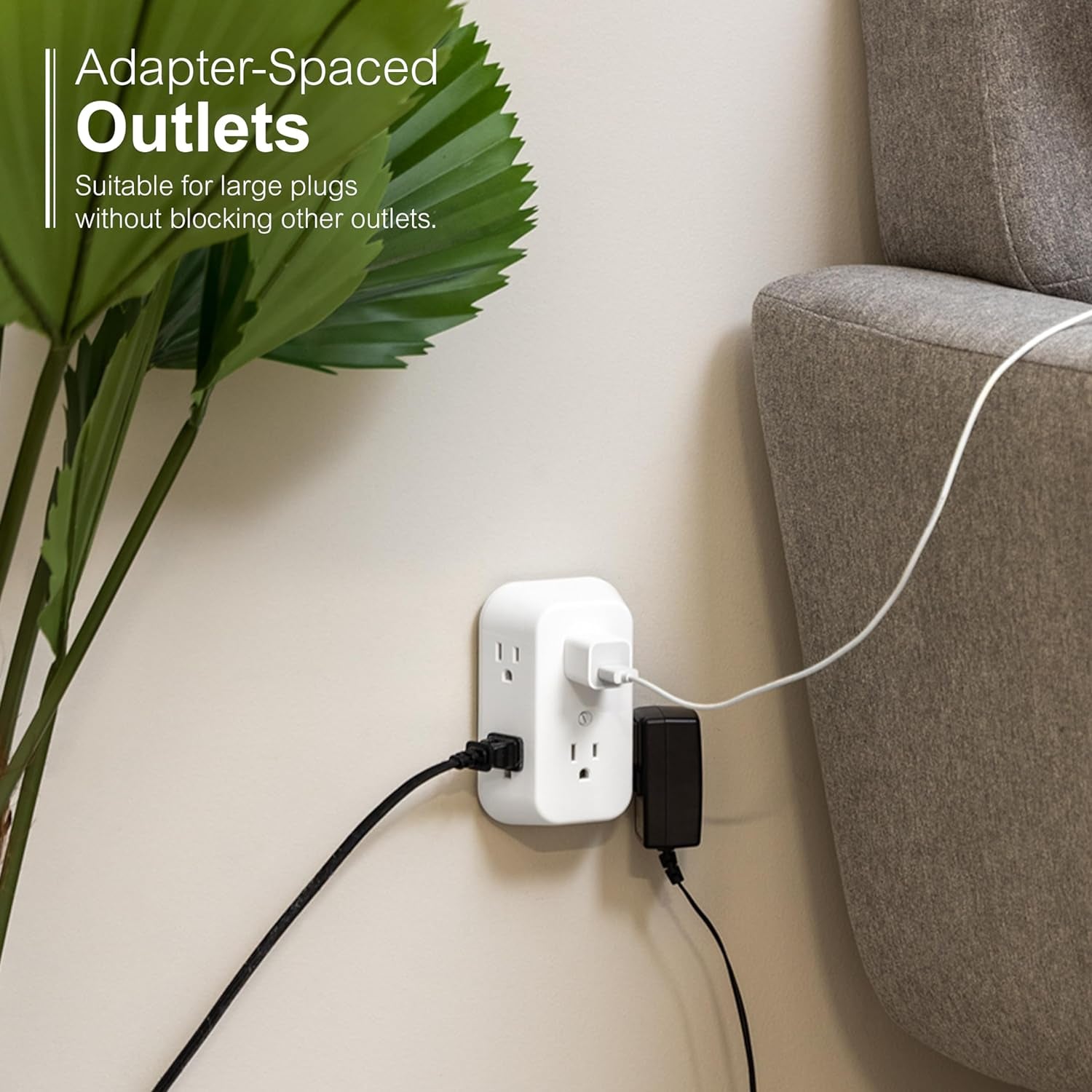 6-Outlet Extender, Grounded Wall Tap, Adapter Spaced Outlets, 3-Prong, Multiple Plug, Quick and Easy Install, Cruise Essentials, UL Listed, White, 50759