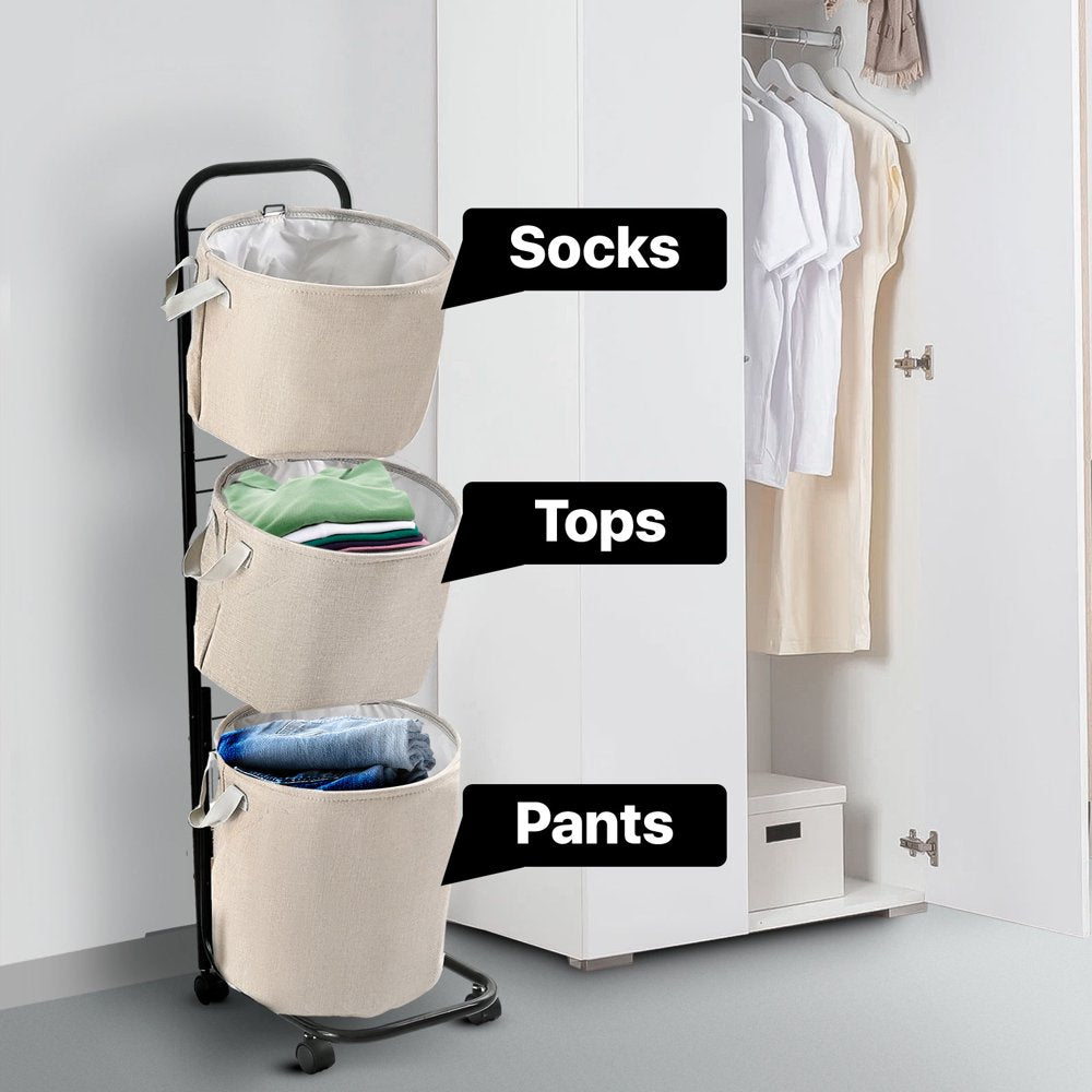 3-Tier Laundry Hamper Sorter, Laundry Storage Organizer with Wheels Movable Rolling Laundry Baskets Cart, Bathroom Cart Clothes Shelf,Laundry Butler for Bathroom Bedroom Laundry Room, Beige