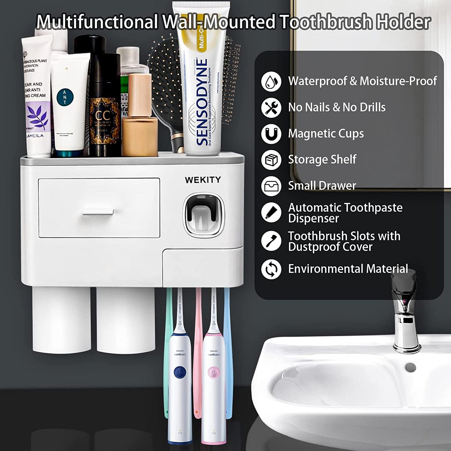 Multifunctional Wall-Mounted Toothbrush Holder, Automatic Toothpaste Dispenser Space Saving Toothbrush and Toothpaste Holder, with 2 Cups and Drawers Cosmetic Organizer(Grey)