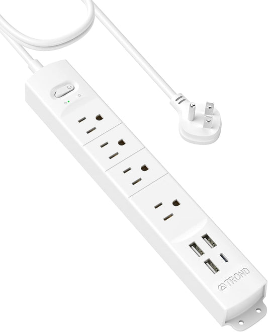 Surge Protector Power Strip with USB, Ultra Thin Flat Plug 6Ft Long Extension Cord 1625W, 3 USB a & 1 Type C, 4 AC Outlets 1440J Surge Protection Wall Mount for Home Office Dorm Room, White