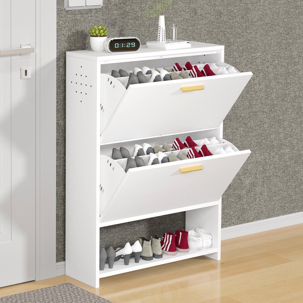 Shoe Cabinet for Entryway, Freestanding Shoe Rack Metal Shoe Storage Cabinet with 2 Flip Drawers & Adjustable Shelf, Modern Slim White Shoe Organizer Cabinet for Heels, Boots, Slippers