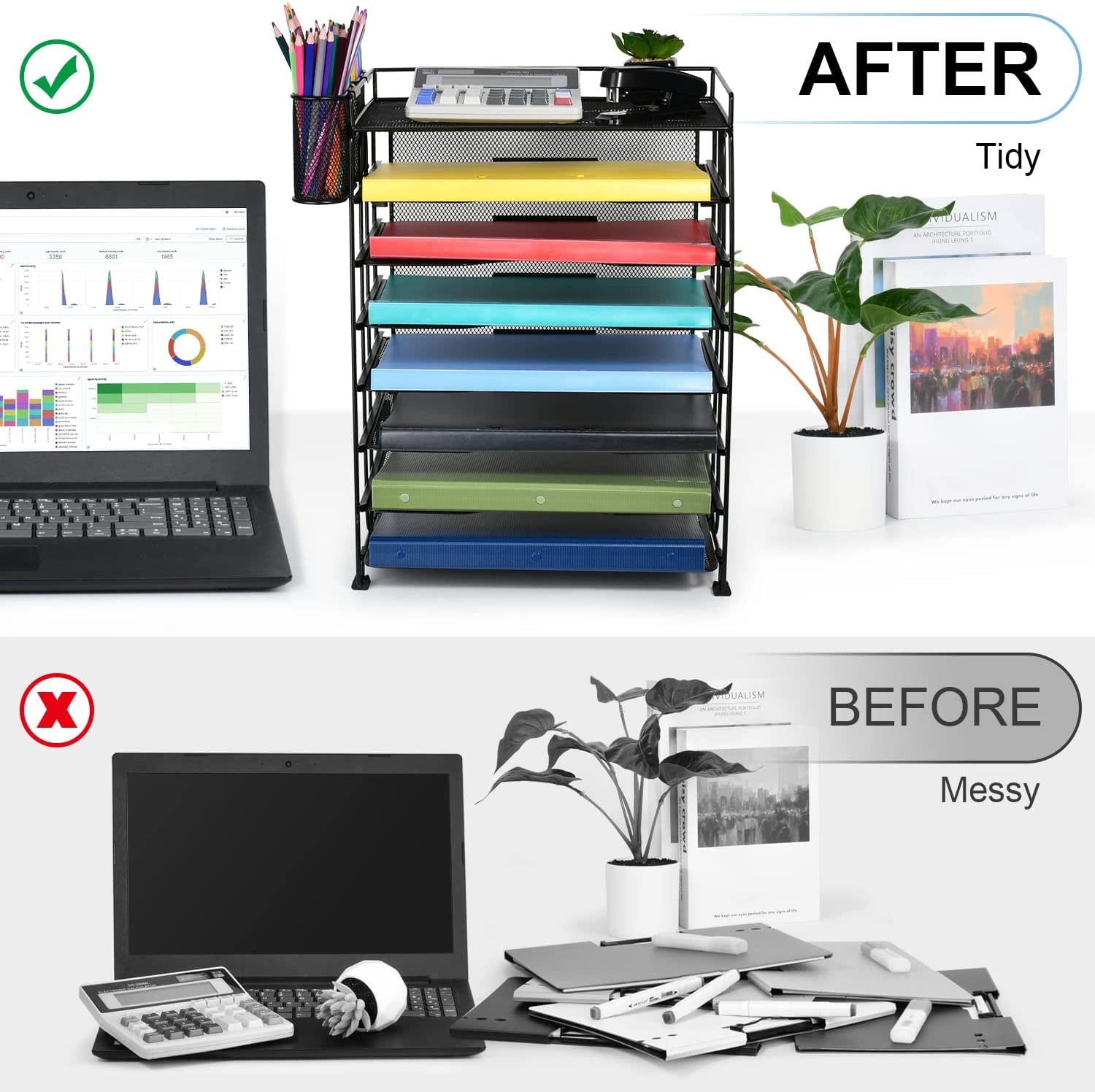 8 Tier Mesh Desk Organizers with Pen Holder, Paper Letter Tray Organizer, Desktop File Organizer and Storage, Office Supplies File Holder, Desk Organizer for Home Office School