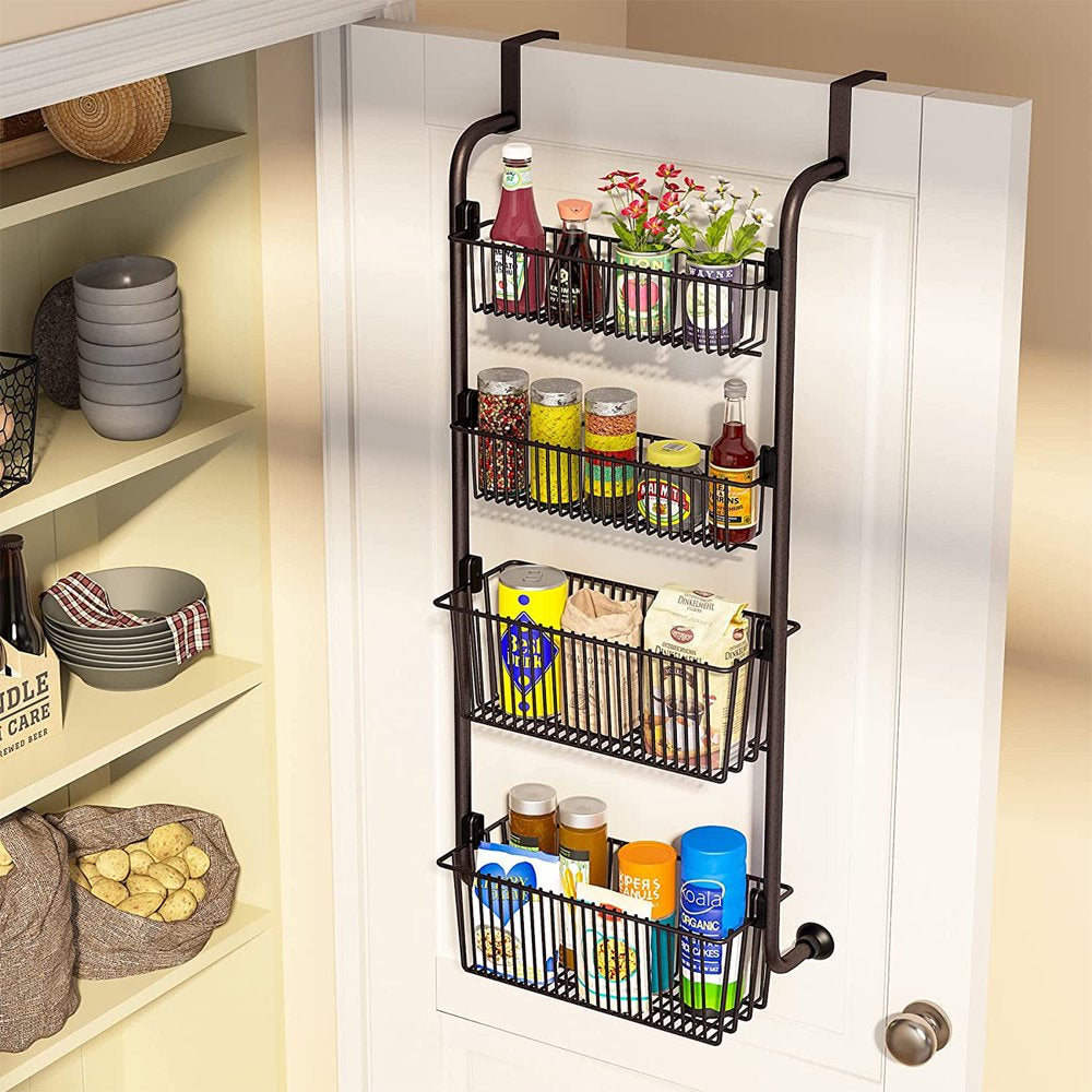 4-Tier over the Door Pantry Organizer Rack Baskets Pantry Door Organization and Storage Heavy-Duty Metal Kitchen Spice Rack over Door Can Organizer