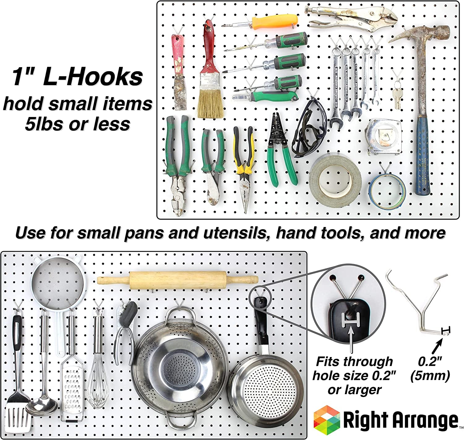 – Stainless Steel Pegboard Hooks 50-Pack 1" L Hook - Will Not Fall Out, Fits Any Peg Board - Organize Tools, Accessories, Workbench, Garage Storage, Kitchen, Crafts, Jewelry, Retail