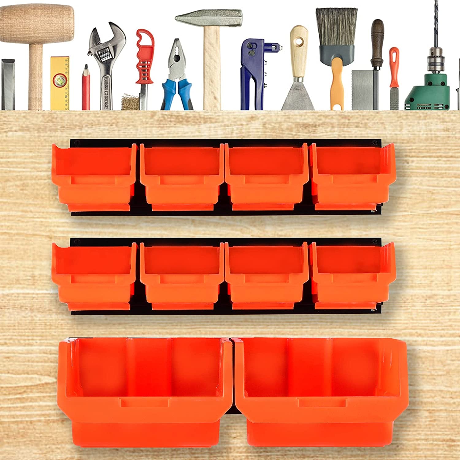 8-Bin Storage Bins Garage Rack System 2-Tier Orange Tool Organizers Cube Baskets Wall Mount Organizations (Orange)