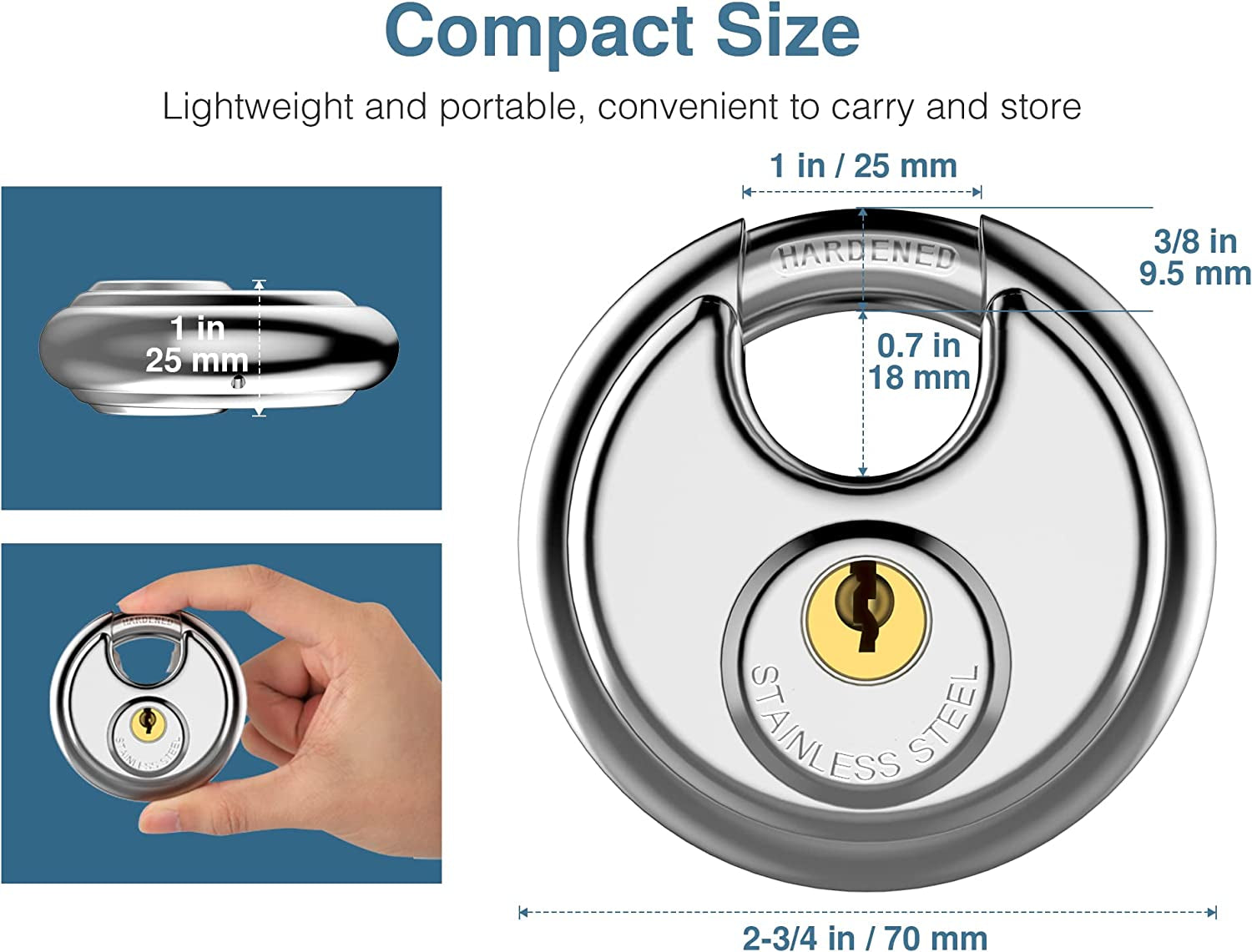 Keyed Padlock, Stainless Steel Discus Lock Heavy Duty Locks with 3 Keys, Waterproof and Rustproof Storage Lock with 3/8 Inch Shackle for Warehouse, Garage, Storage Locker, and Outdoors (1 Pack)