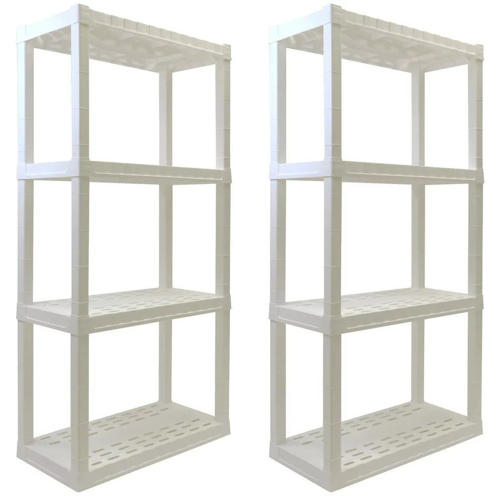 Garage Shelves, Pack of 2 Plastic Storage Shelving Unit 4 Shelves, White 400 Lbs Capacity 56" H X 14" D X 30" W