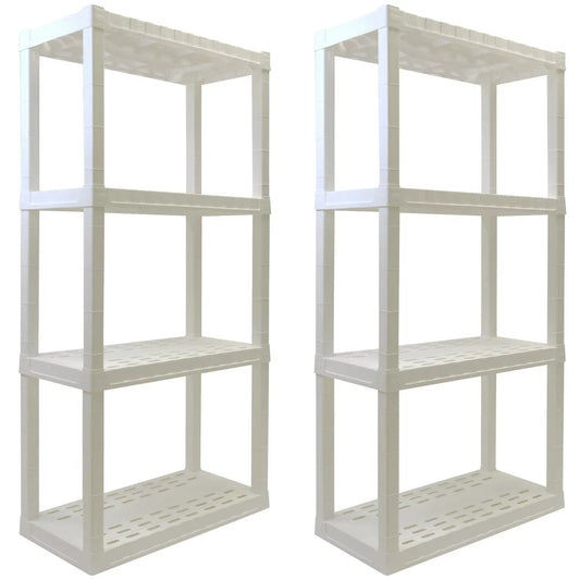 Garage Shelves, Pack of 2 Plastic Storage Shelving Unit 4 Shelves, White 400 Lbs Capacity 56" H X 14" D X 30" W